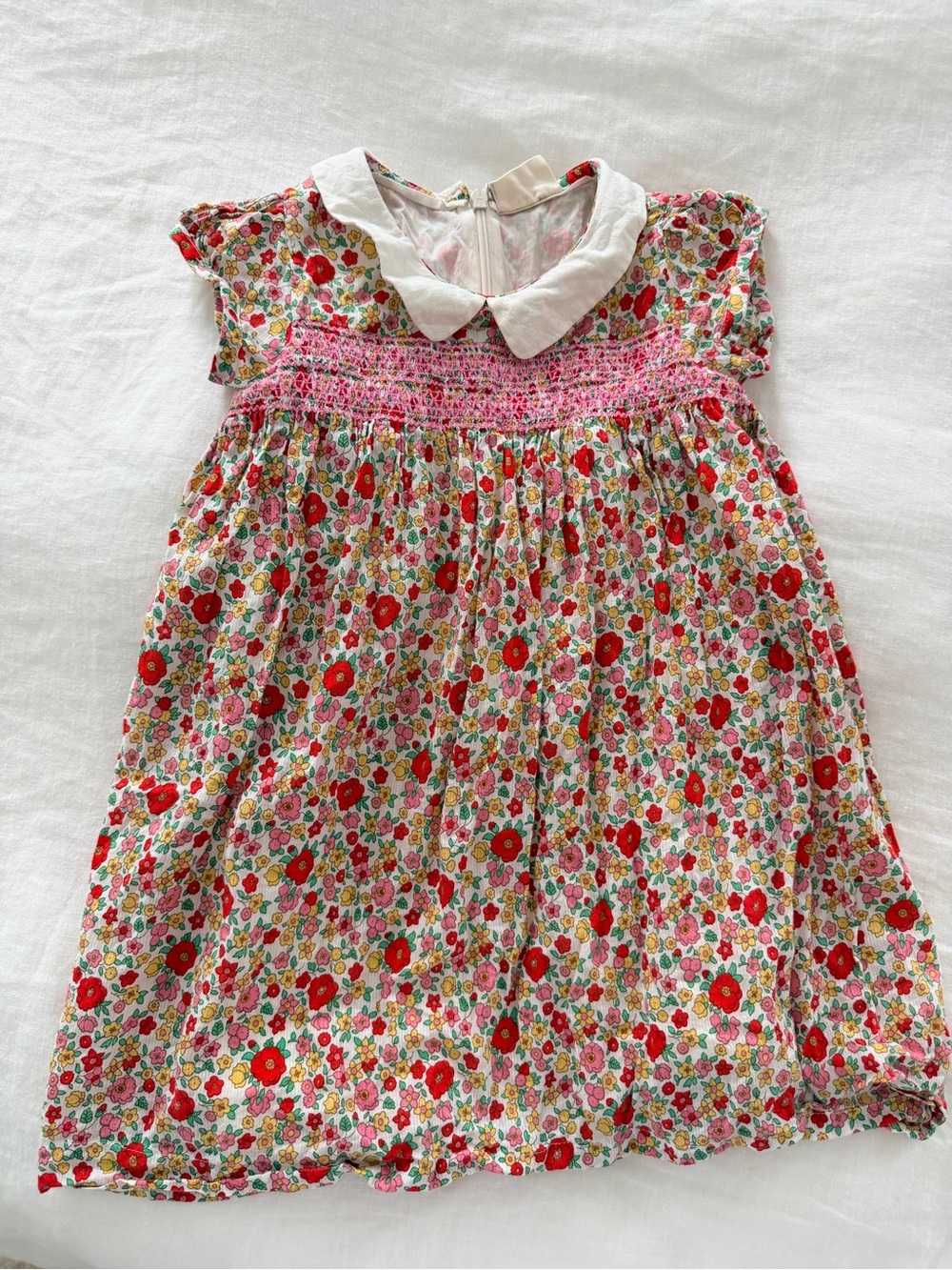Mini Boden Floral Smocked Dress with White Peter Pan Collar - Red & Pink